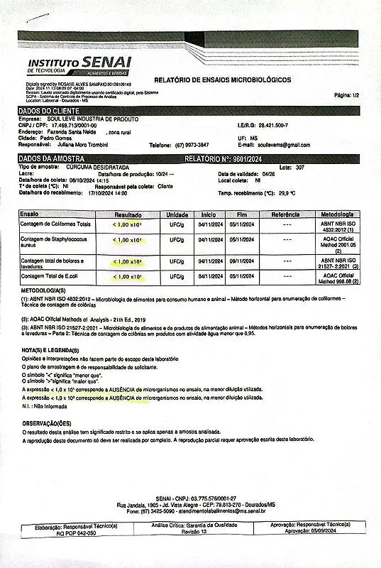 Primeira página do relatório de ensaios microbiológicos do Instituto SENAI